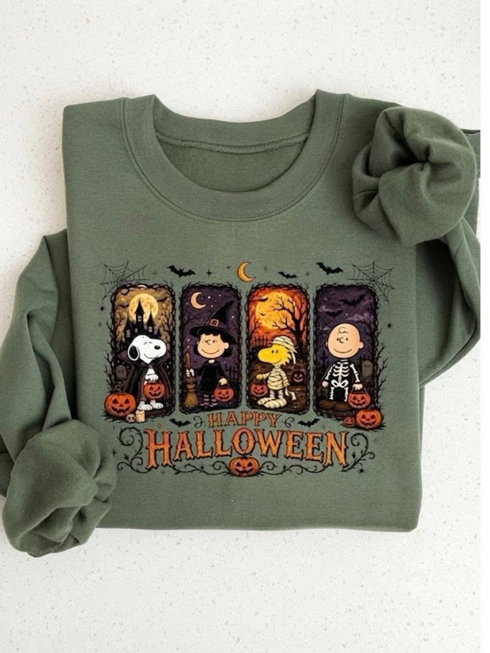 Vintage Peanuts Olive Green Halloween Sweatshirt with Snoopy & Friends